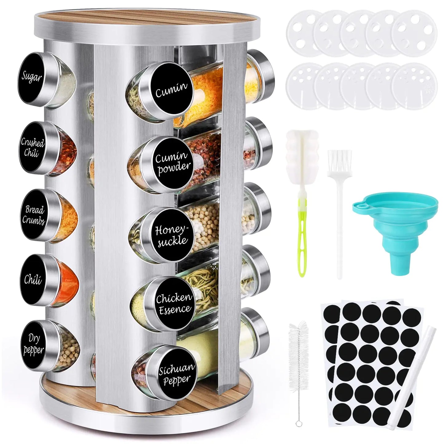 Spice Rack Organizer with Jars for Cabinet (20Pcs) Revolving/Rotating Seasoning Organizer Stainless Steel/Wooden Countertop Rack Tower Organizer for Kitchen Pantry with Reusable Labels/Funnel/Brushes